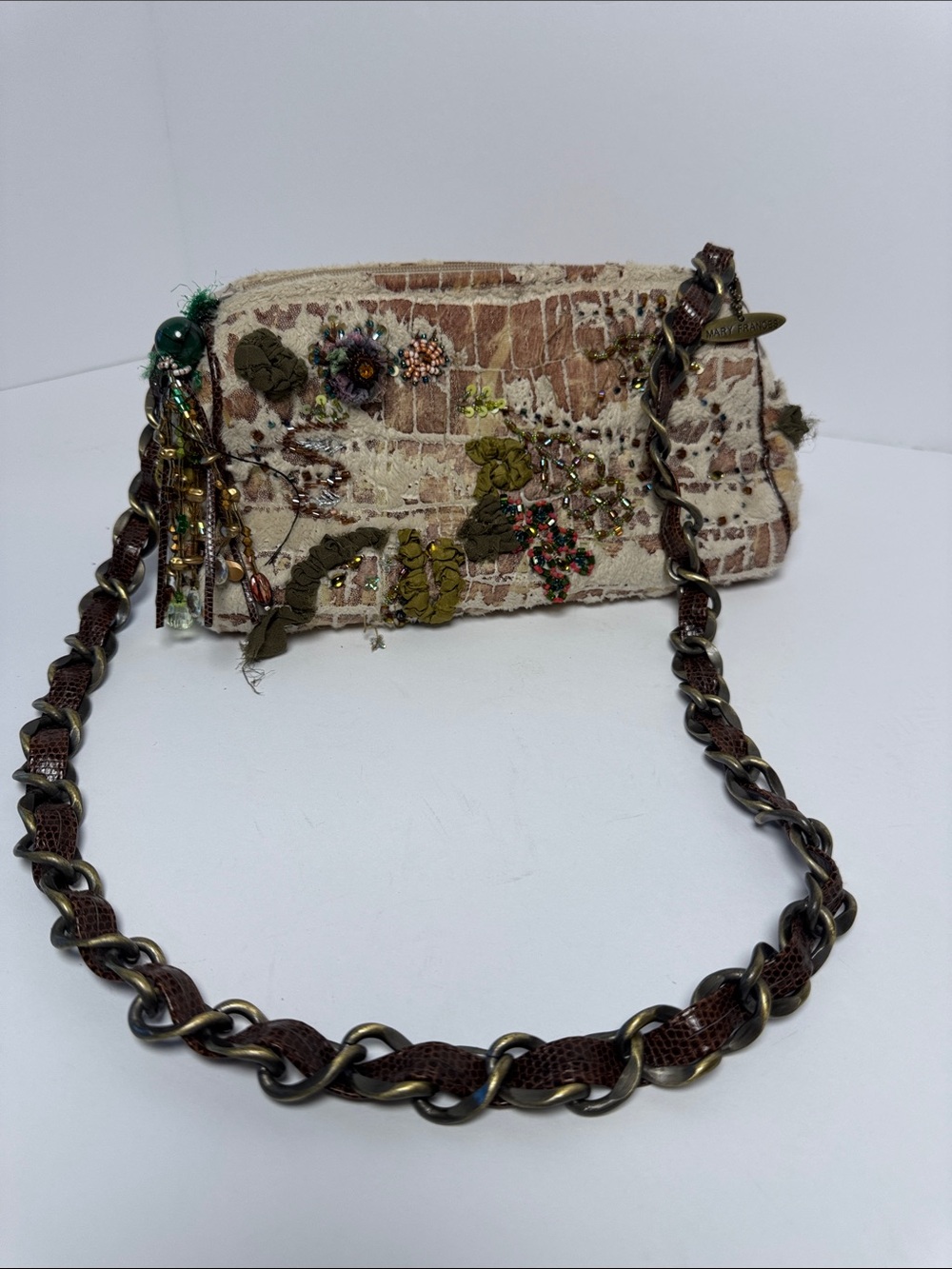 MARY FRANCES VTG? Beaded Embroidered Quilted Floral Crossbody Bag Chain Strap